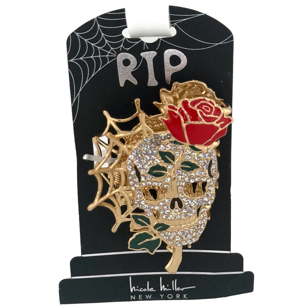 Nicole Miller Gold-Tone Crystal Skull Hair Claw Clip with Red Rose and Web